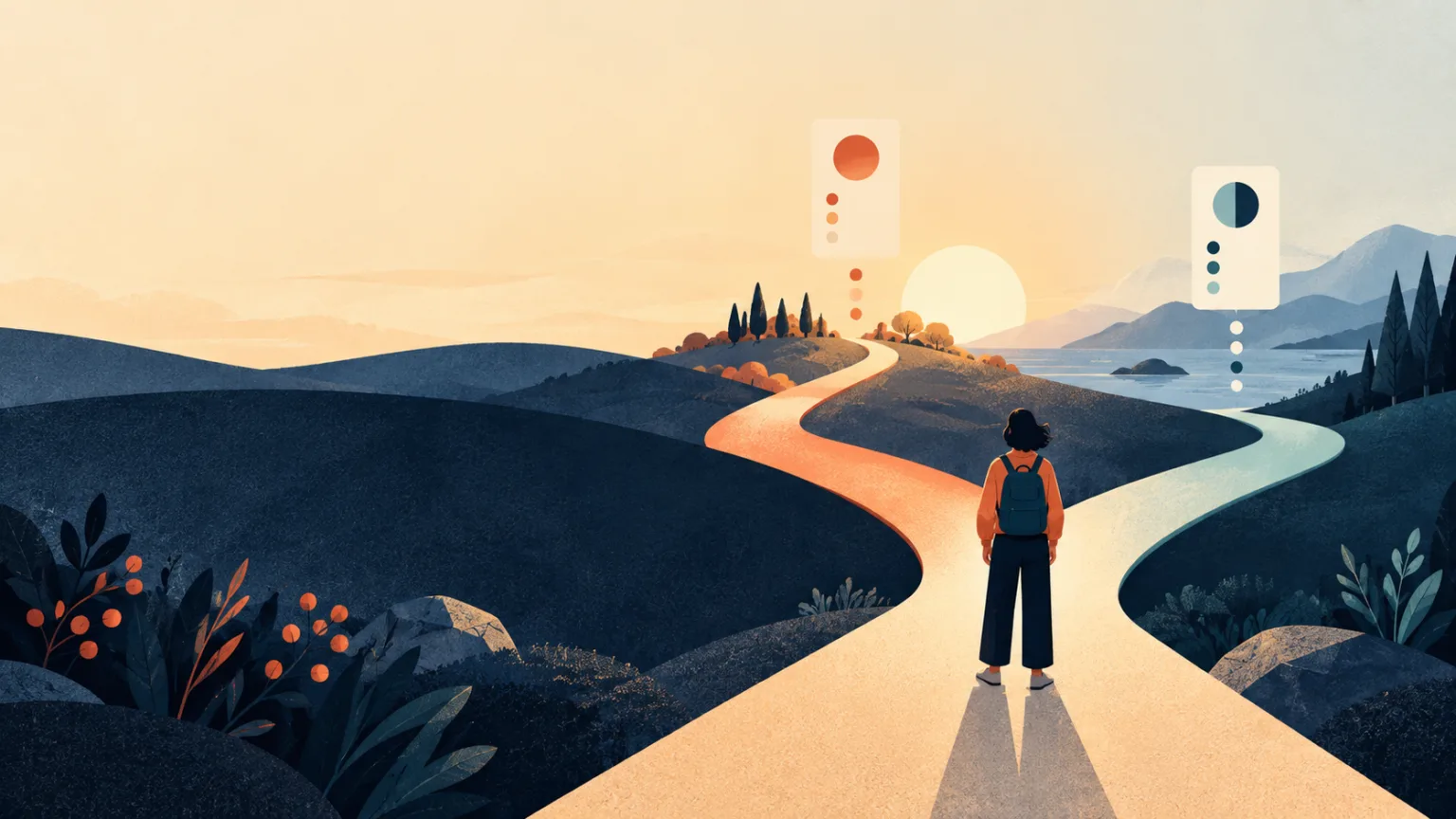 A person pausing where two bright paths divide across a calm landscape