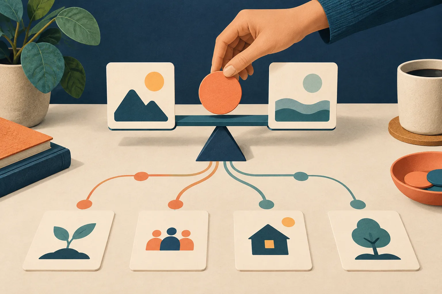 A hand placing a coral token between two choices on a balanced decision board